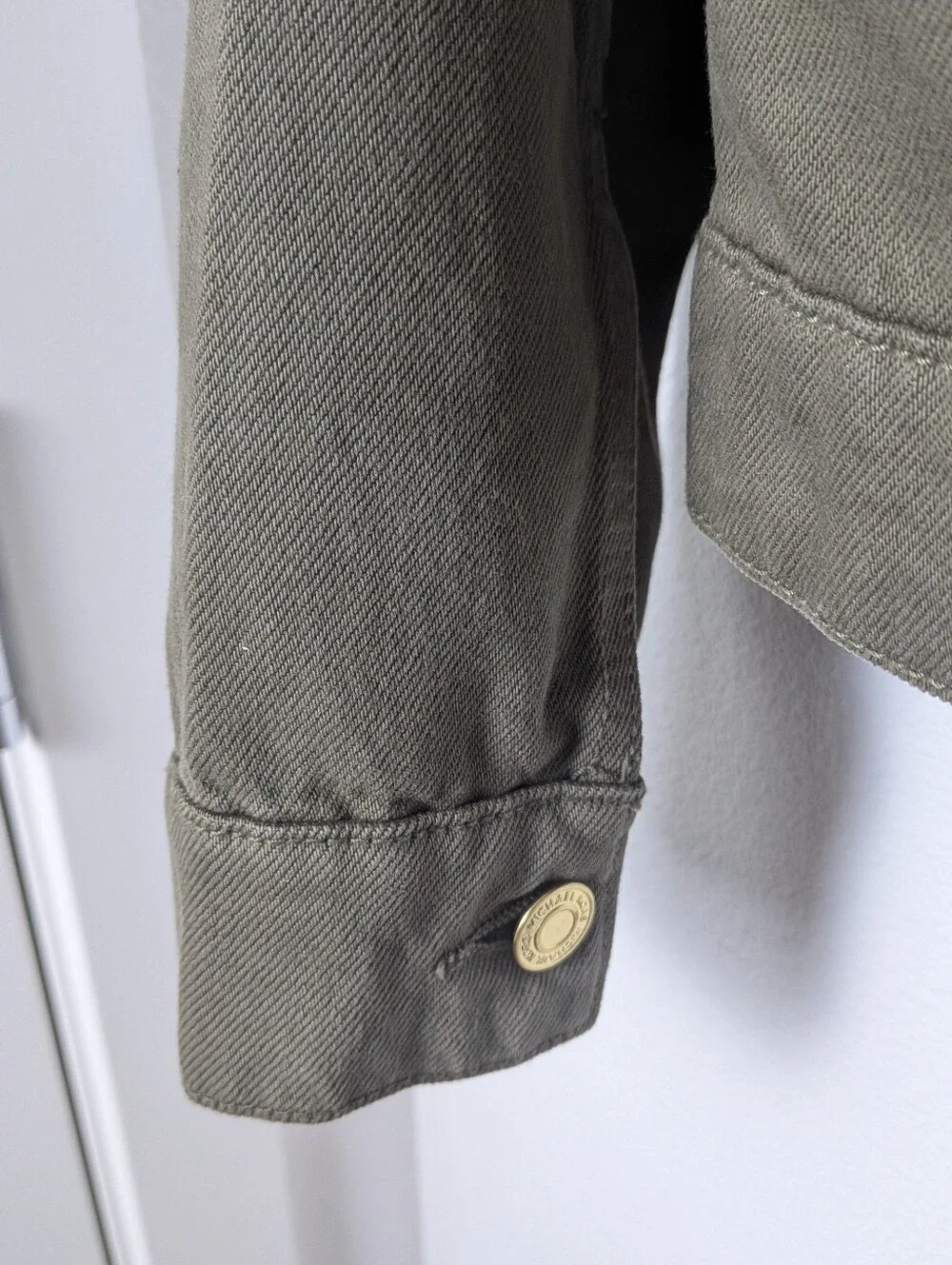 Michael Kors Denim Jacket Women Sz M Olive Green Gold Button Trucker Coat EUC